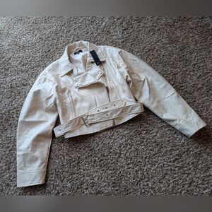 Women's XL Cream Vegan Leather Moto Jacket With Belt